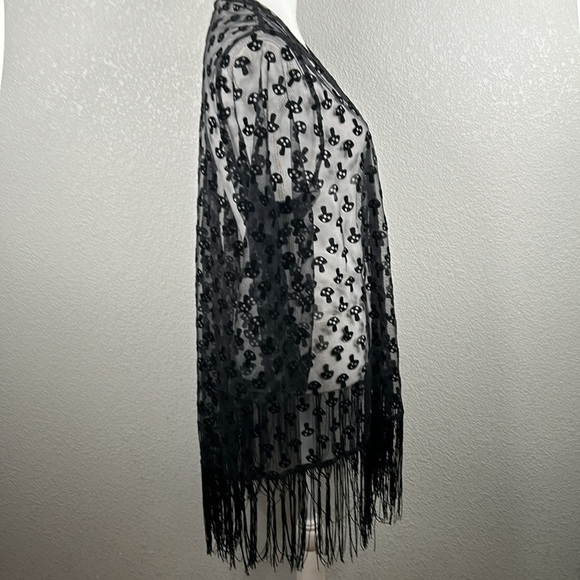 Hot Topic Black Sheer Goth Mushroom Print Fringe Hem Open Cardigan Size Medium - Picture 5 of 8